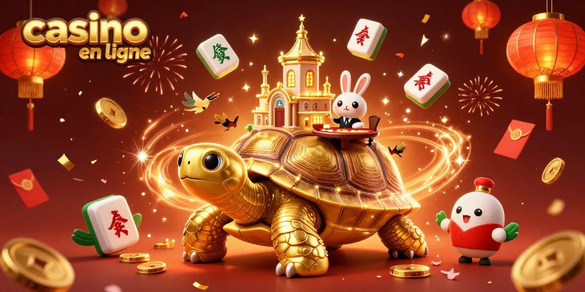 Jouez à un casino en ligne avec une tortue dorée et un croupier de lapin dans une scène festive.