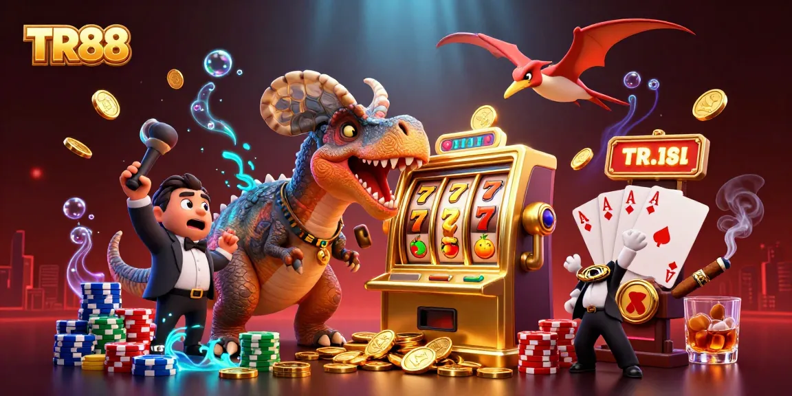 TR88 slot machine jackpot scene with cartoon dinosaurs and vibrant casino elements