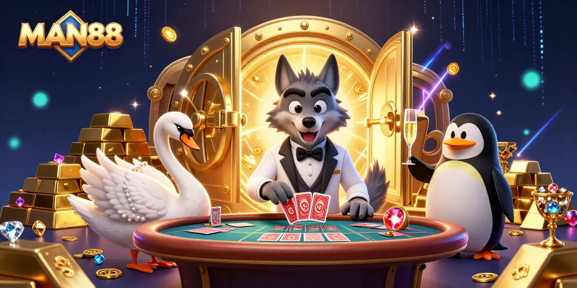 Players enjoy high-stakes baccarat at MAN88’s luxurious casino with enchanting characters.