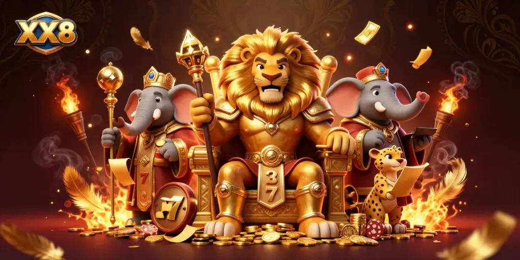 Join the XX8 gaming kingdom with a fierce lion king, slot reels, and winning tokens!