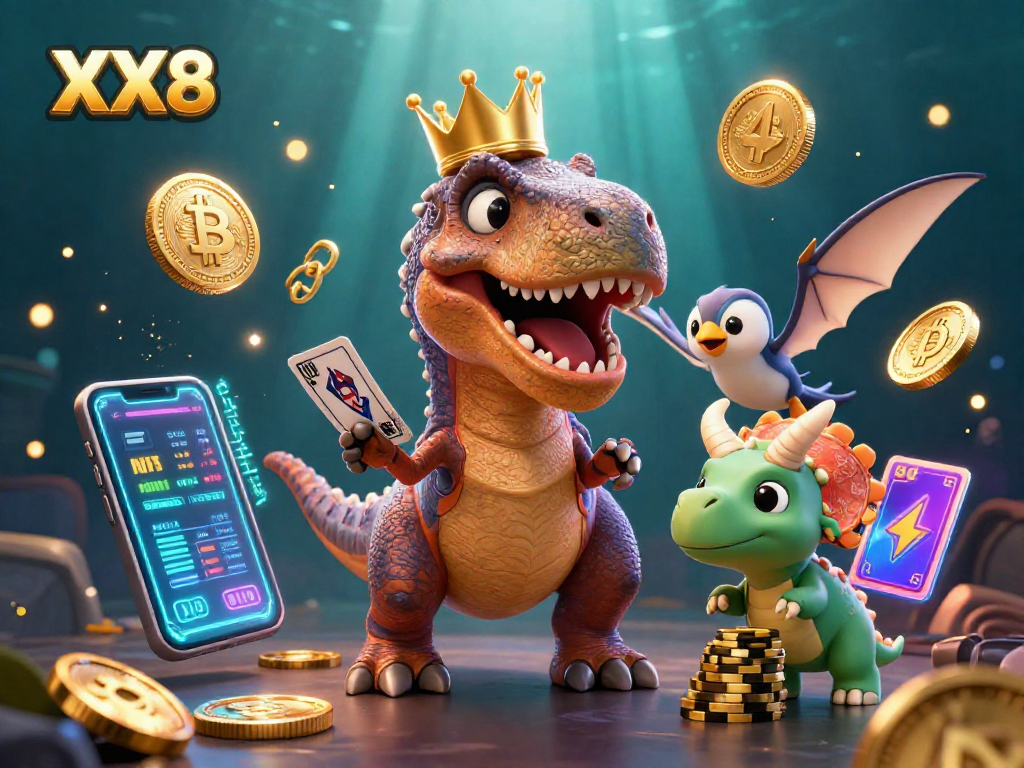 Engage in exciting XX8 crypto casino strategies with animated T-Rex and friends.