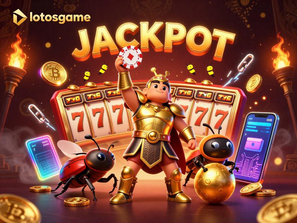 Spin big with lotosgame in a vibrant 3D jackpot scene featuring cartoon beetles and glowing coins.
