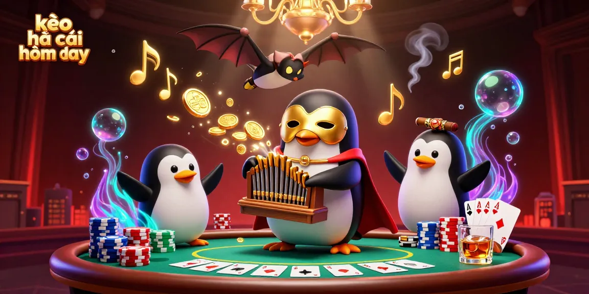 Experience kèo nhà cái hôm nay with an ultra-detailed scene of a penguin playing an organ amidst poker elements.