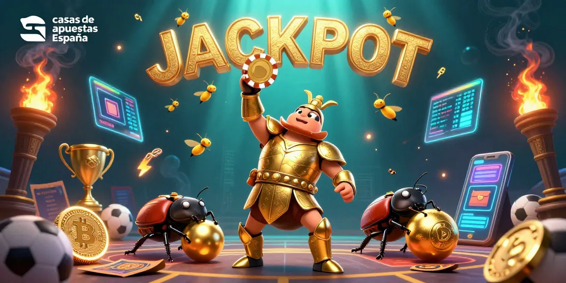 Jugando en casas de apuestas España mientras un escarabajo gladiador triunfa con fichas en el aire.