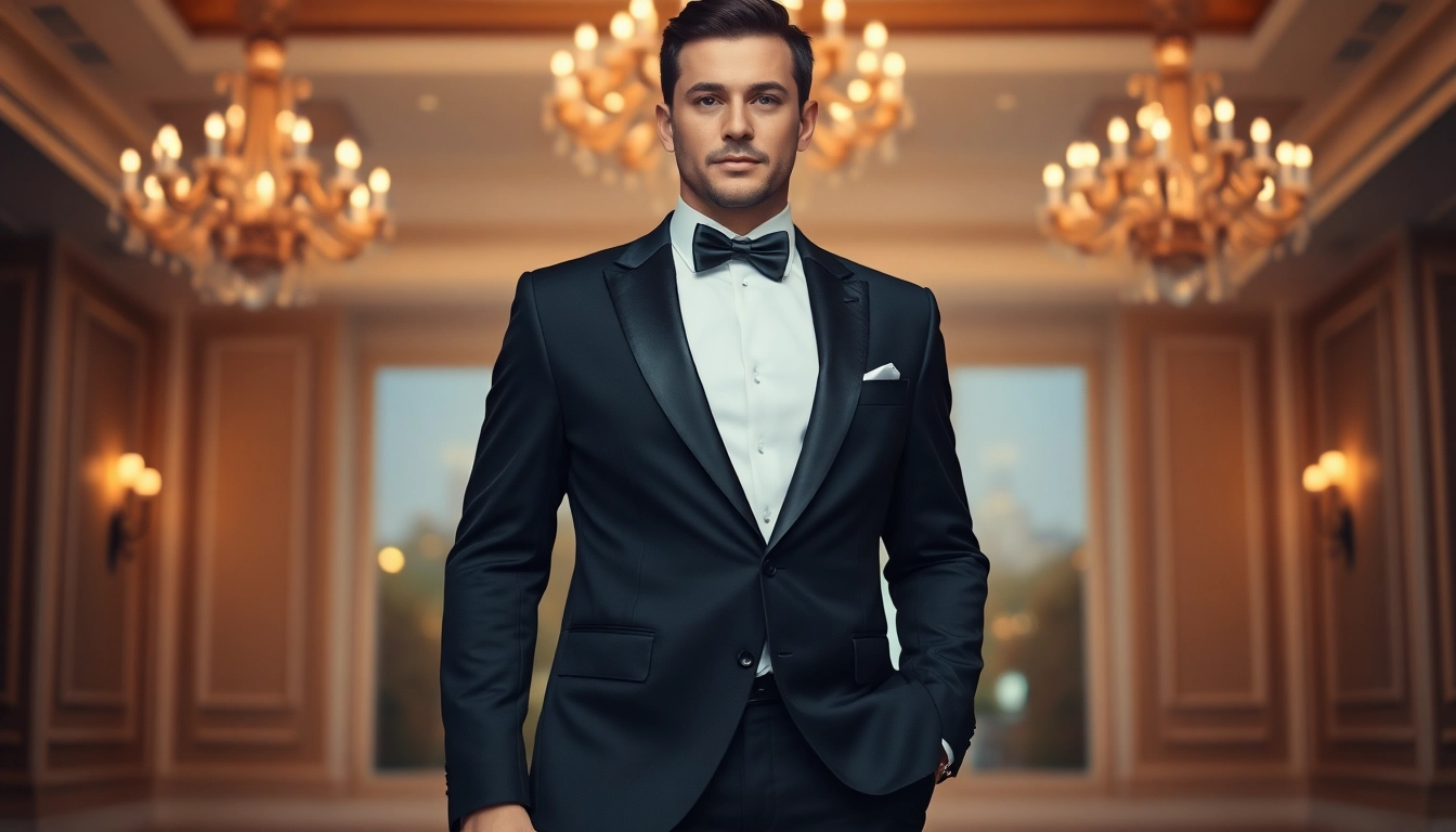 Man showcasing stylish men's black formal attire in an elegant ballroom setting.