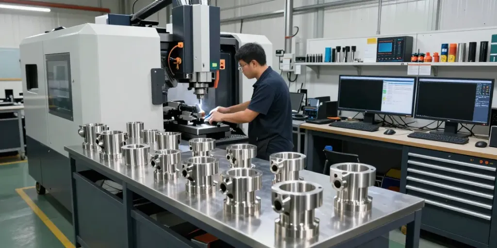 CNC machined stainless steel parts being crafted with precision in a dynamic workshop.