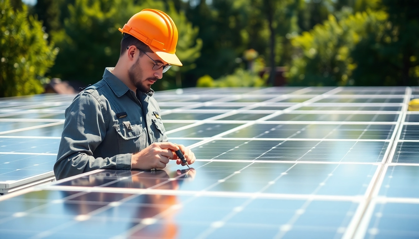 Technician demonstrating solar panel repair in a professional outdoor setting, inspecting for efficiency.