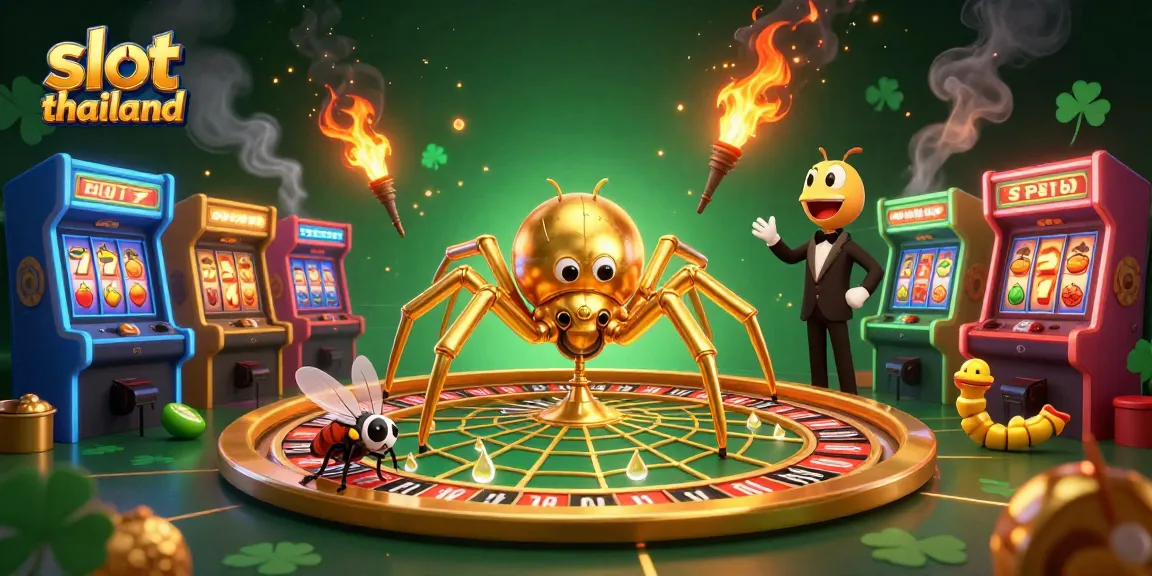 Place bets in slot thailand with the golden spider and centipede croupier illustration.