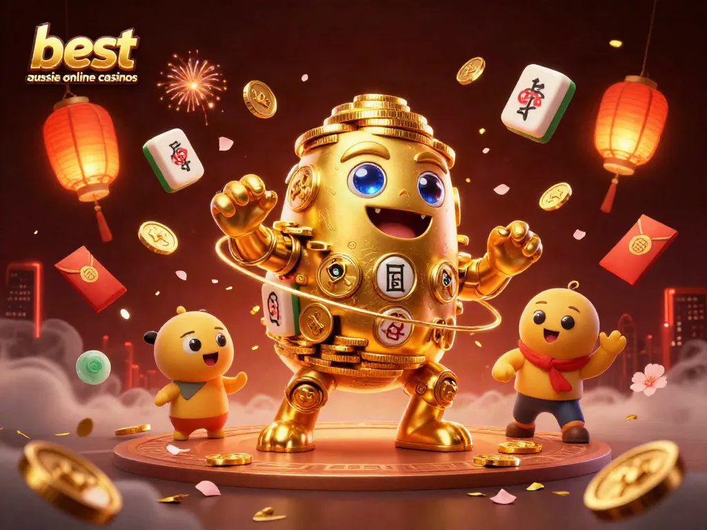 Experience the best Aussie online casinos with this vibrant 3D casino illustration featuring a golden golem and dynamic gaming elements.