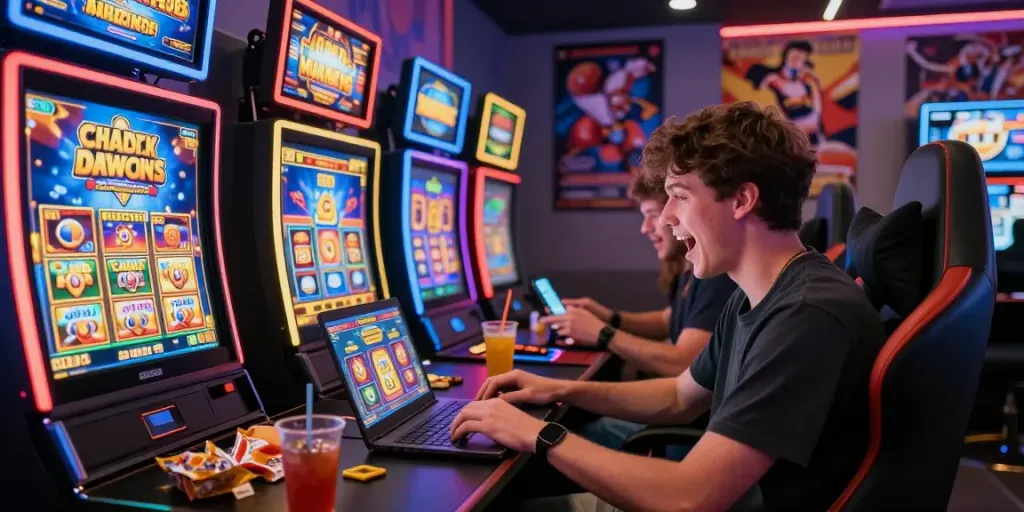 Exciting online slot game session with player immersed in colorful digital machines and neon lights.