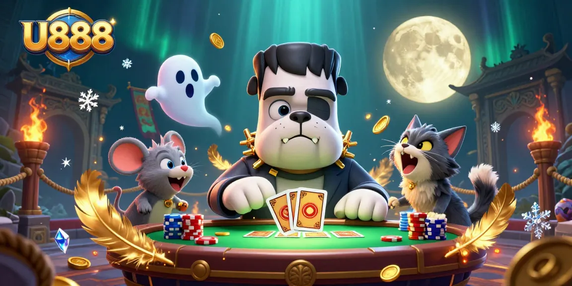 Experience thrilling card games with U888 illustrated by a unique monster dealer at an enchanting casino table.