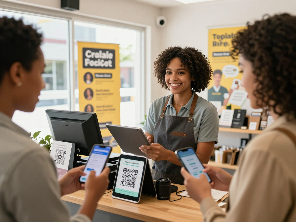 Shop owner demonstrates a loyalty program app with customers using their smartphones to check rewards, promoting engagement and community.