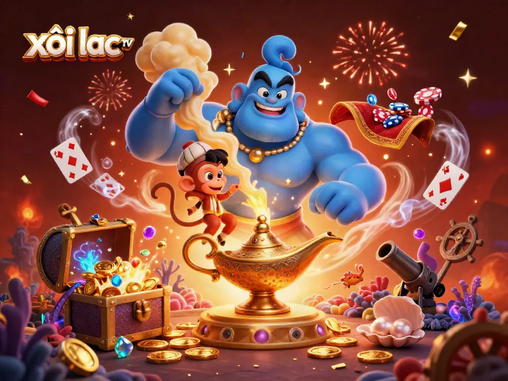 Engage with xôi lạc tv through vibrant casino-themed 3D illustration featuring a genie and treasure.