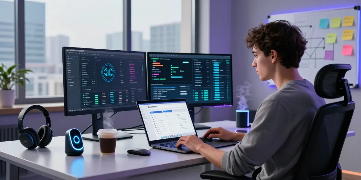 BungeeExchange workspace with high-tech screens, user managing cross-chain transactions efficiently.