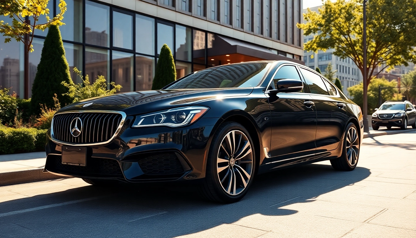 Experience black car service Rhode Island with a luxury vehicle showcasing elegance at a prime location.