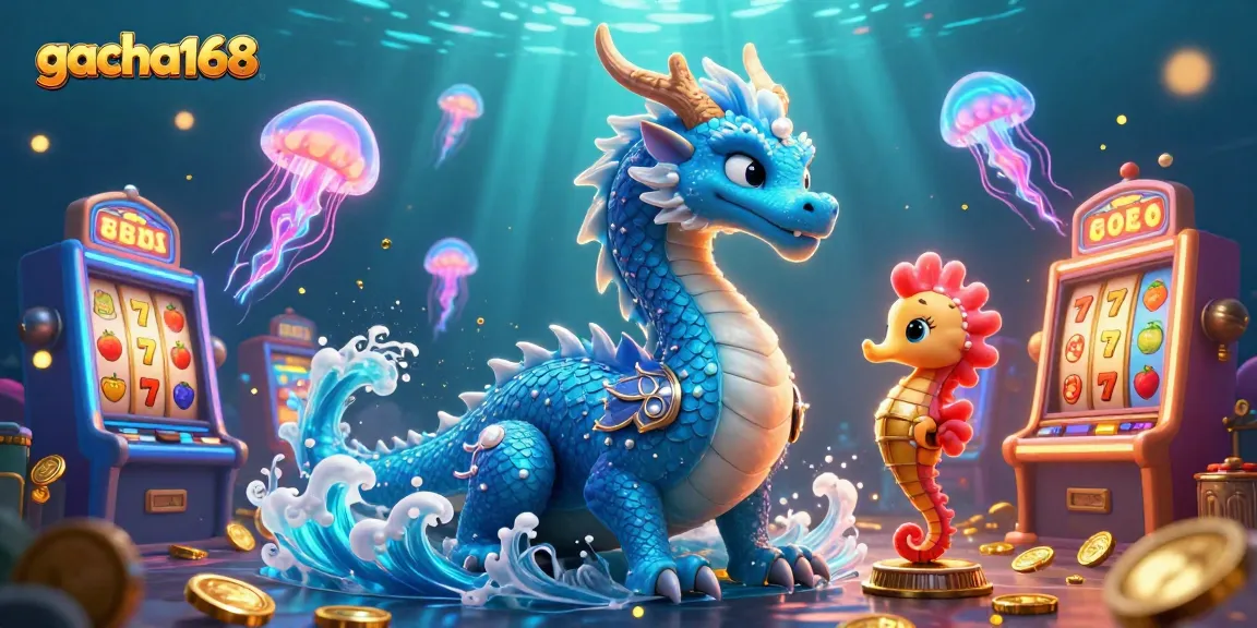 Engage with gacha168's vibrant underwater casino scene featuring a water dragon, seahorse knight, and glowing slot machines.