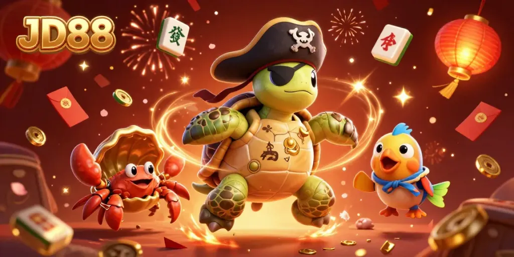 Engage in thrilling casino action with JD88's dynamic 3D illustration featuring lively characters and game elements.