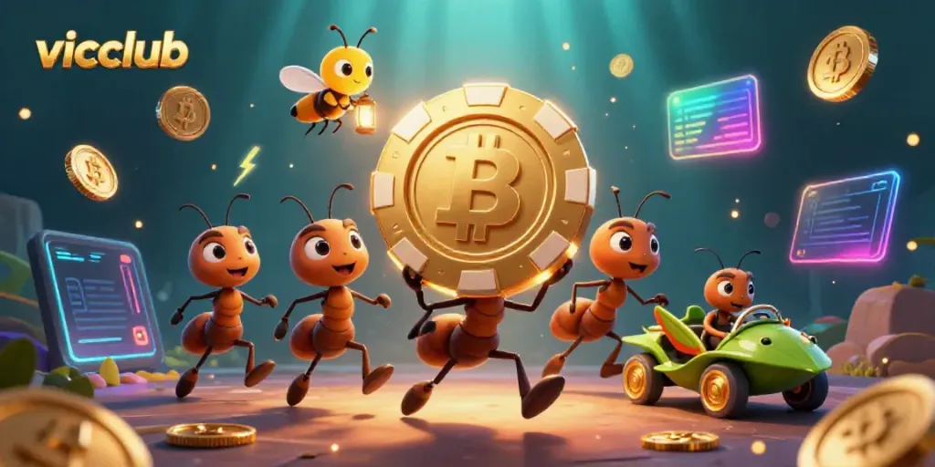 Join the vicclub heist with ants carrying a giant poker chip amidst floating crypto elements.