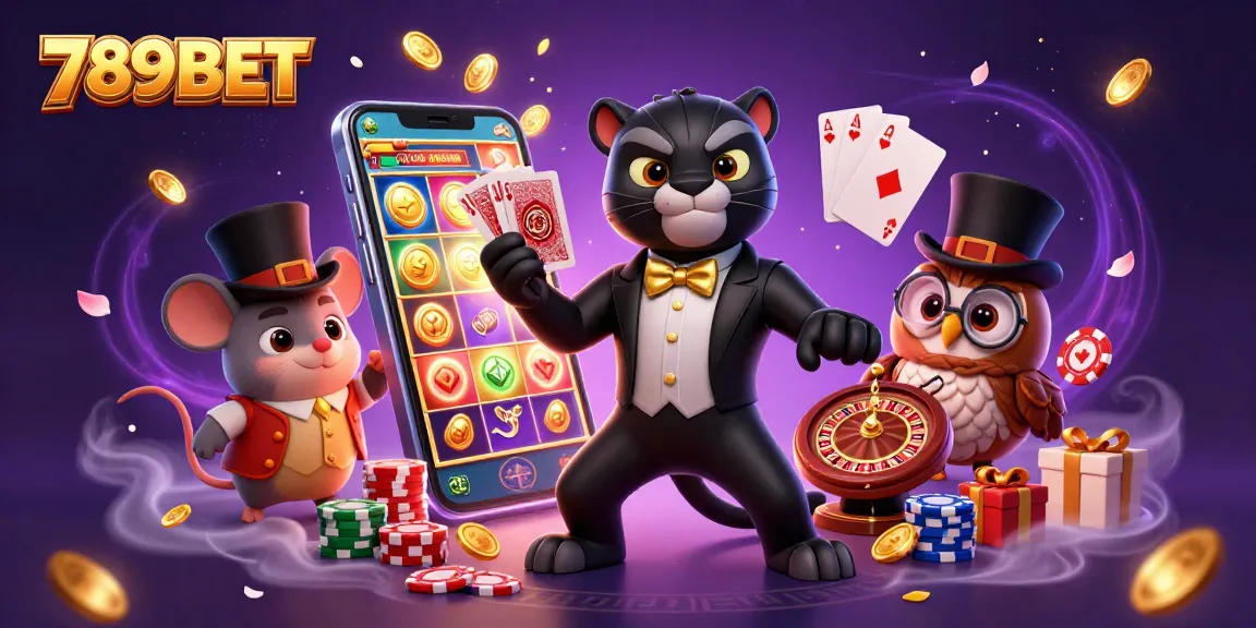 Engage with 789BET in this vibrant 3D illustration featuring a stylish panther dealer, owl with poker chips, and a lucky mouse.
