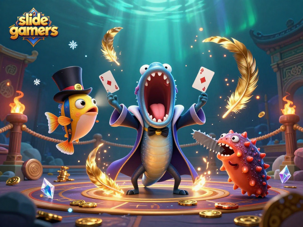 Exciting slidegamers adventure with underwater creatures performing magic tricks amid a vibrant casino scene.