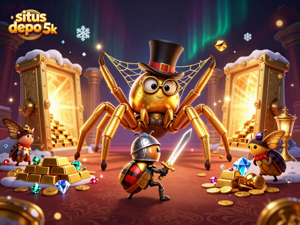 Experience the excitement of situs depo 5k with golden treasures and enchanting characters in a vibrant casino setting.