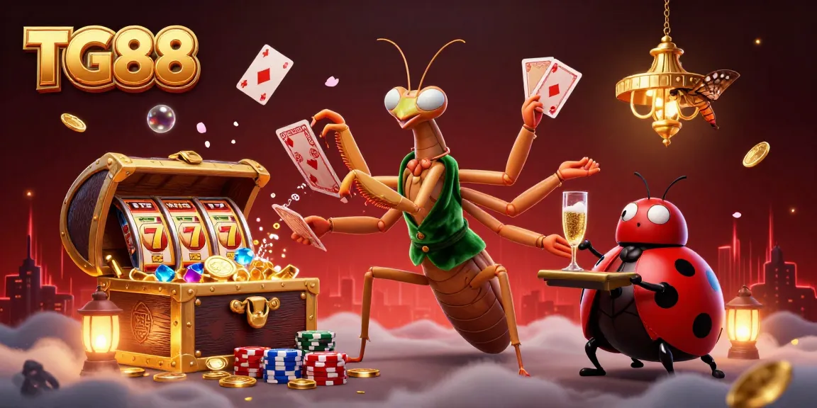 Experience TG88's dynamic casino action with a giant mantis dealer, vibrant games, and golden treasures.