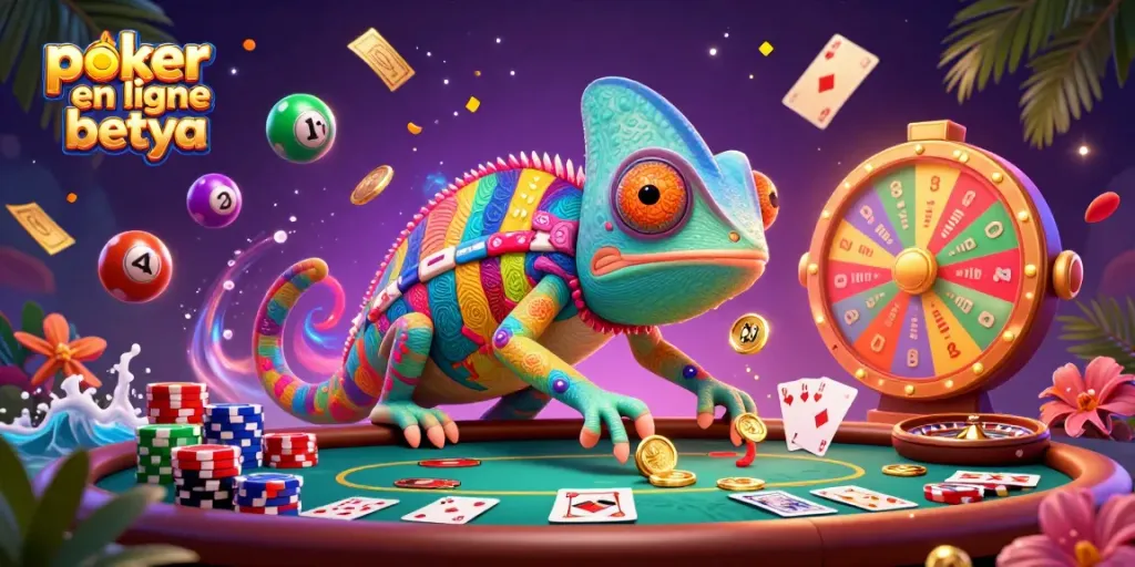 Play poker en ligne betya with an exciting chameleon casino owner amidst vibrant casino elements.