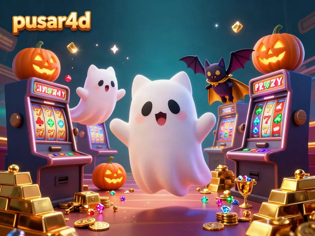 Pusar4d showcases a ghost cat with a vampire bat in a lively casino featuring slots and vibrant gem treasures.