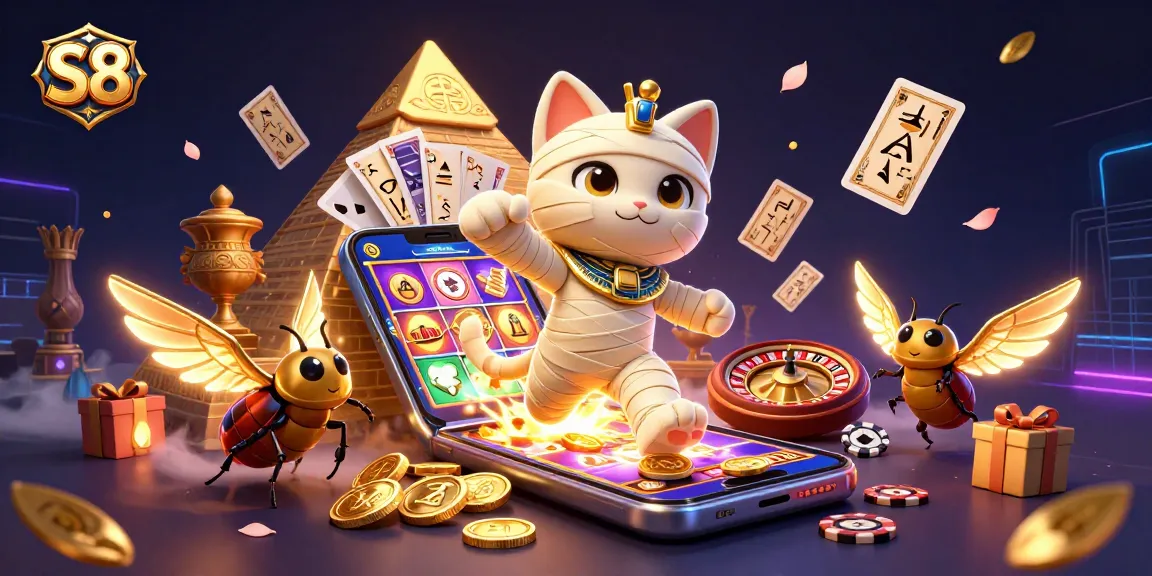 S8 features a lively pyramid casino scene with an animated mummy cat, demonstrating exciting new slot games.