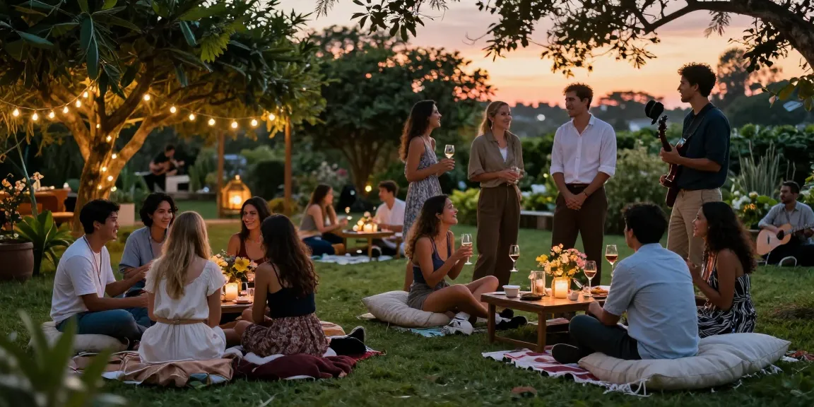 Romantic garden gathering of diverse singles connecting through HundRoses amidst twinkling lights.