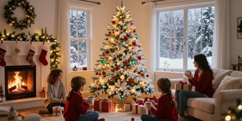 A beautifully decorated white colorful Christmas tree adorned with multicolored lights, surrounded by family enjoying the festive season.