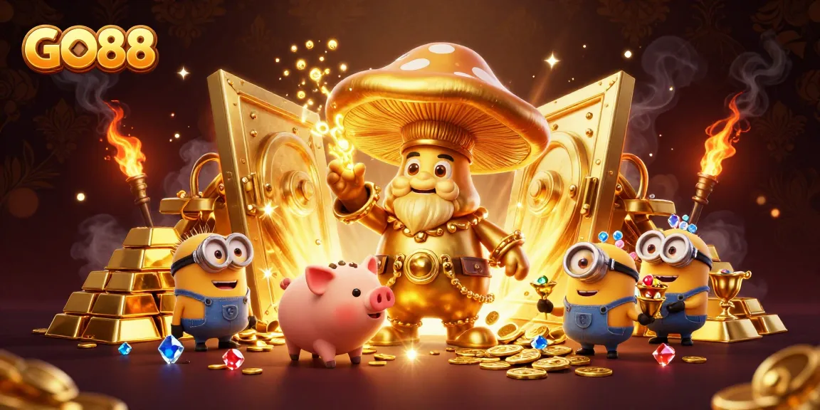 Experience the enchanting world of GO88 with a golden mushroom wizard and treasure-filled magic.