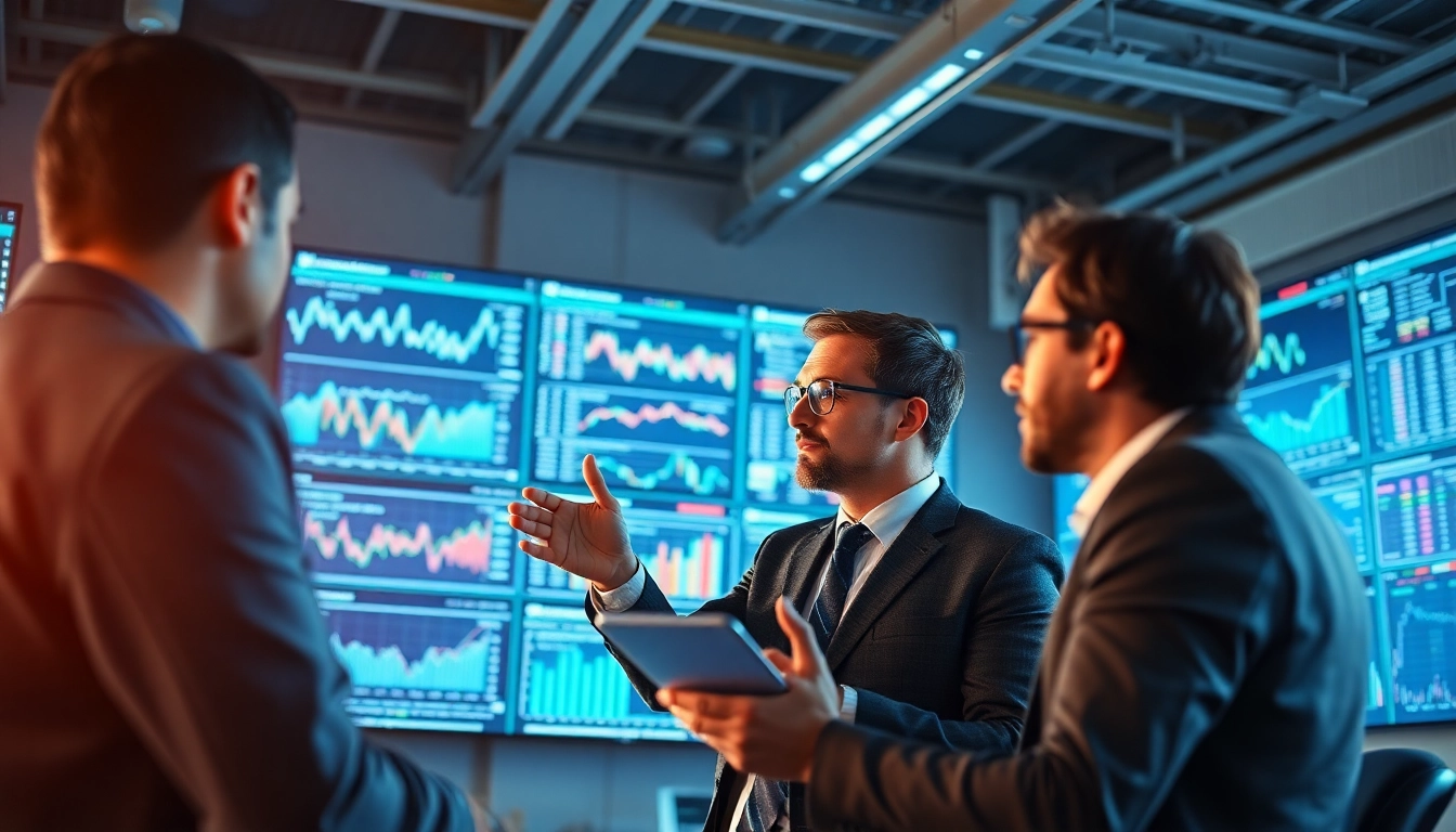 Investors leveraging AI Investing tools to analyze stock market data in a modern office.