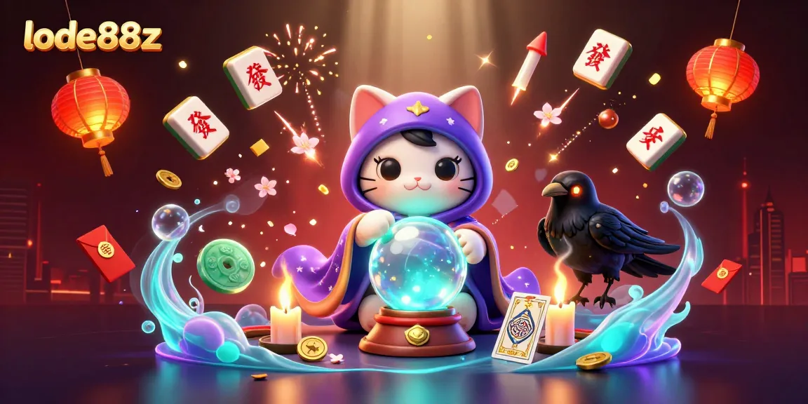 Engage in lode88z's thrilling casino atmosphere with fortune teller cat, raven, and vibrant game elements.