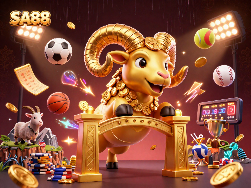 Experience SA88's thrilling golden ram charging through a sports-themed casino world filled with dynamic game elements.