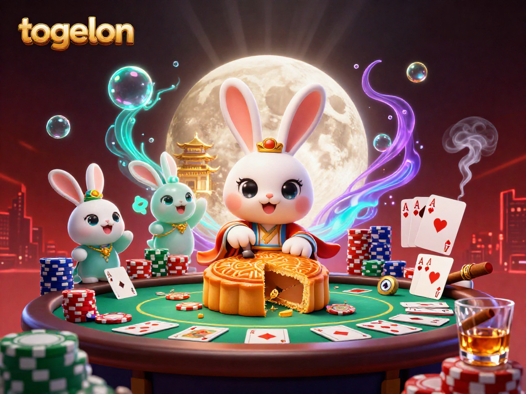 Play winning games at togelon with a lively moon rabbit scene revealing poker treasures.