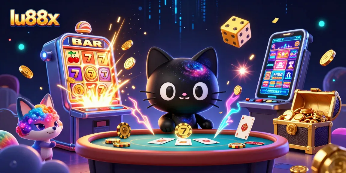 Experience the excitement of lu88x with a cosmic casino-themed illustration showcasing vibrant gaming elements.