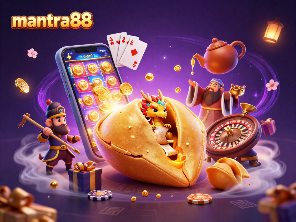 Win big with mantra88 in this vibrant online gaming scene showcasing dynamic casino elements.