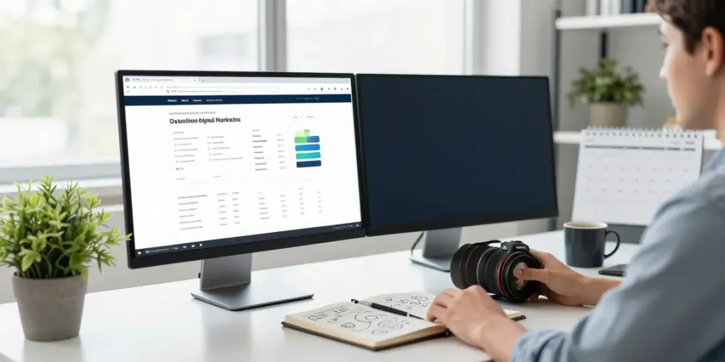 Marketer analyzing website data to go to the website for digital marketing insights.