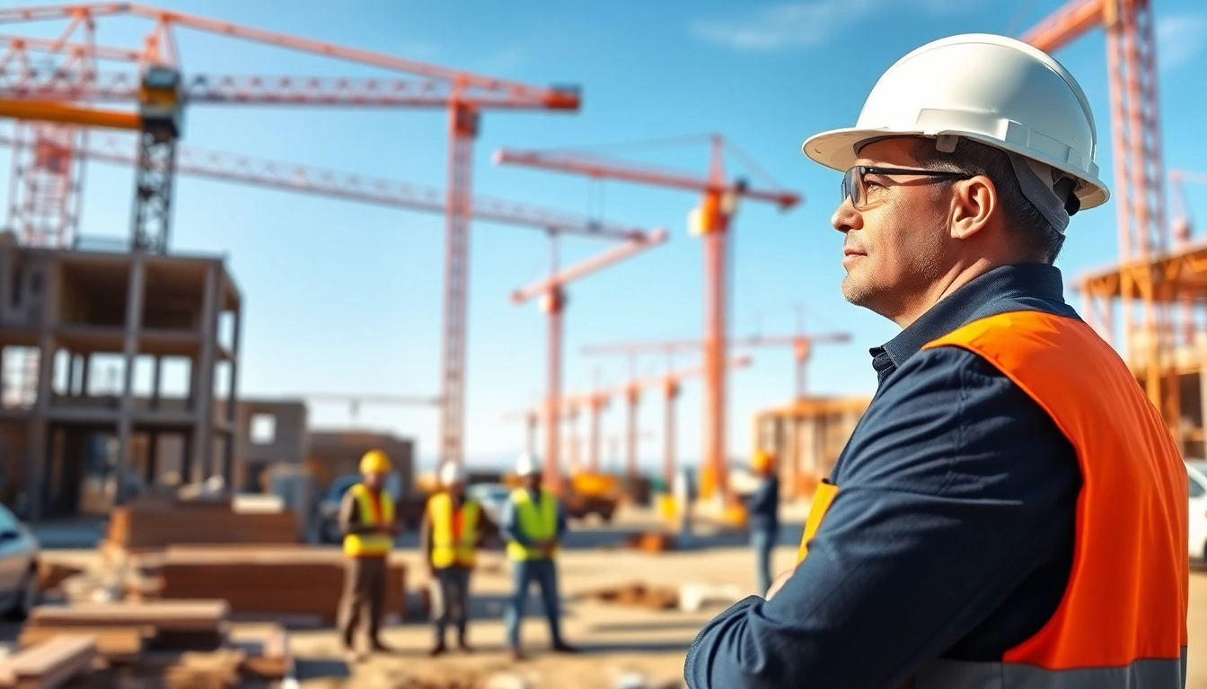 Engaged New Jersey Construction Manager directing activities on-site with a dynamic cityscape backdrop.