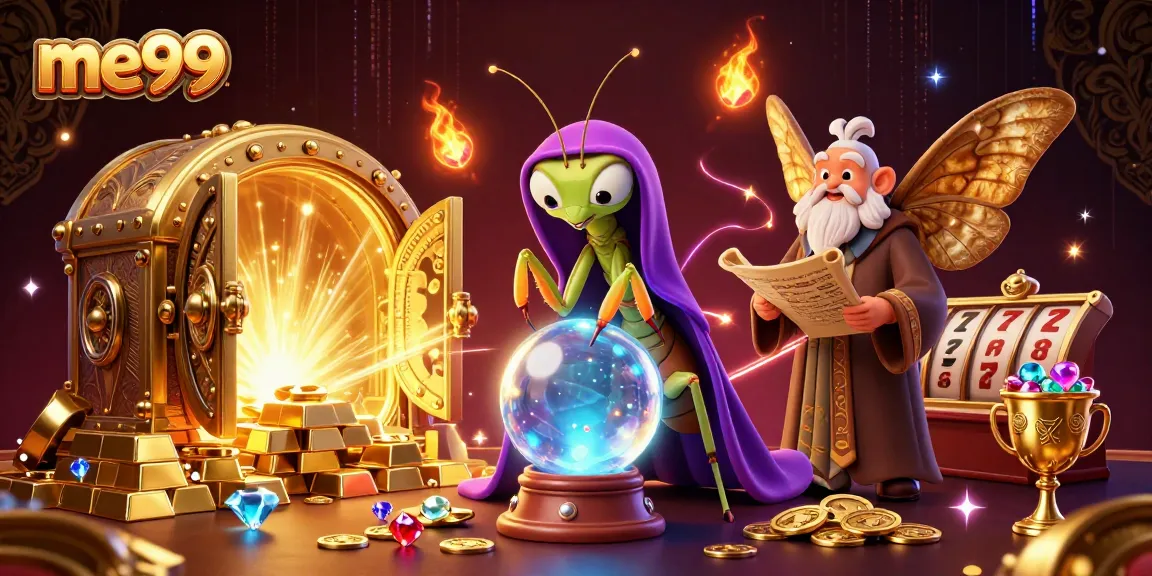 Engage with me99's vibrant casino scene featuring a fortune teller and librarian amidst jackpot treasures.