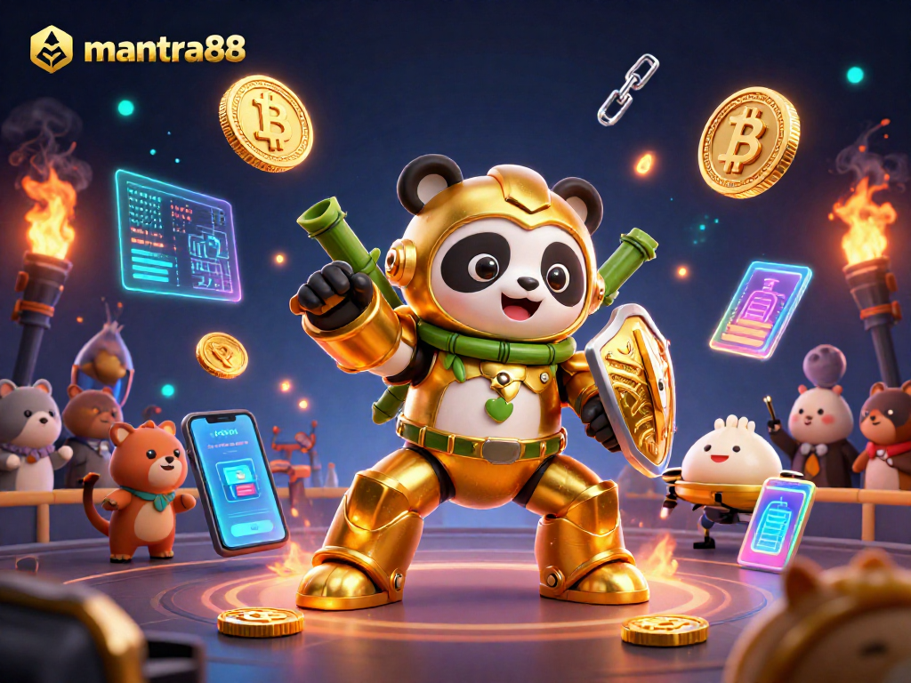 Engage in exhilarating gameplay with mantra88, where a golden panda and robot battle in a vibrant casino arena.