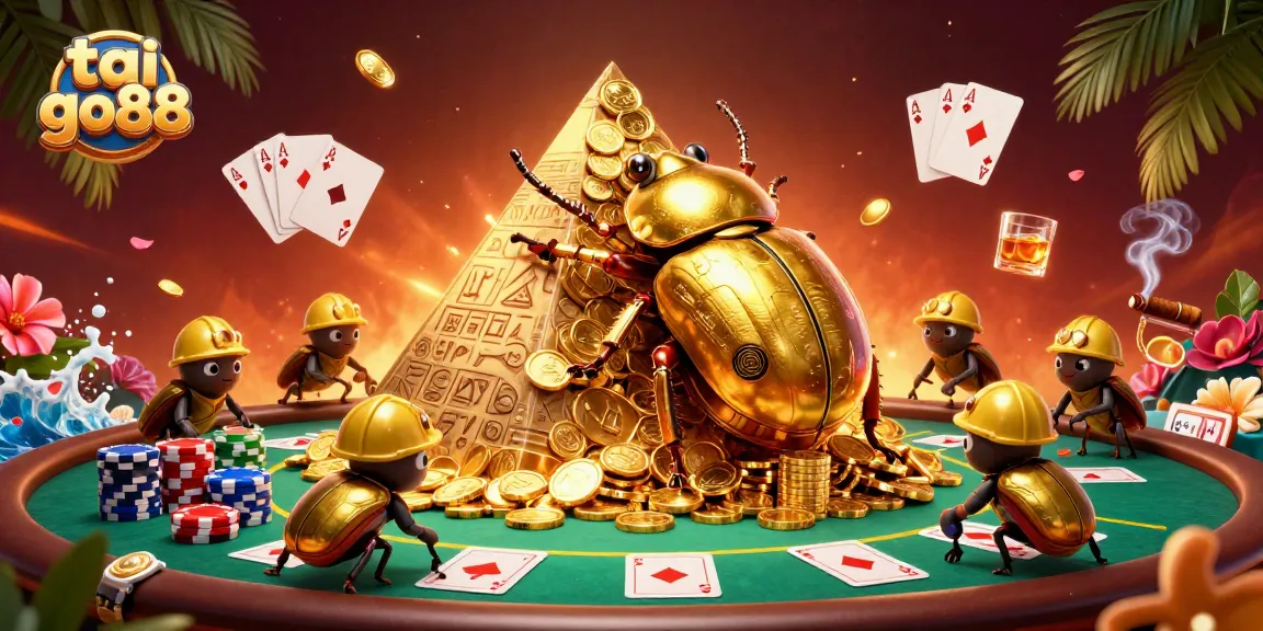 Tai go88 showcases a vibrant scene of a golden dung beetle and poker elements, emphasizing casino excitement.