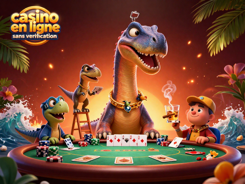 Jouez dans un casino en ligne sans vérification avec cette scène captivante de dinosaures et de cartes de poker.