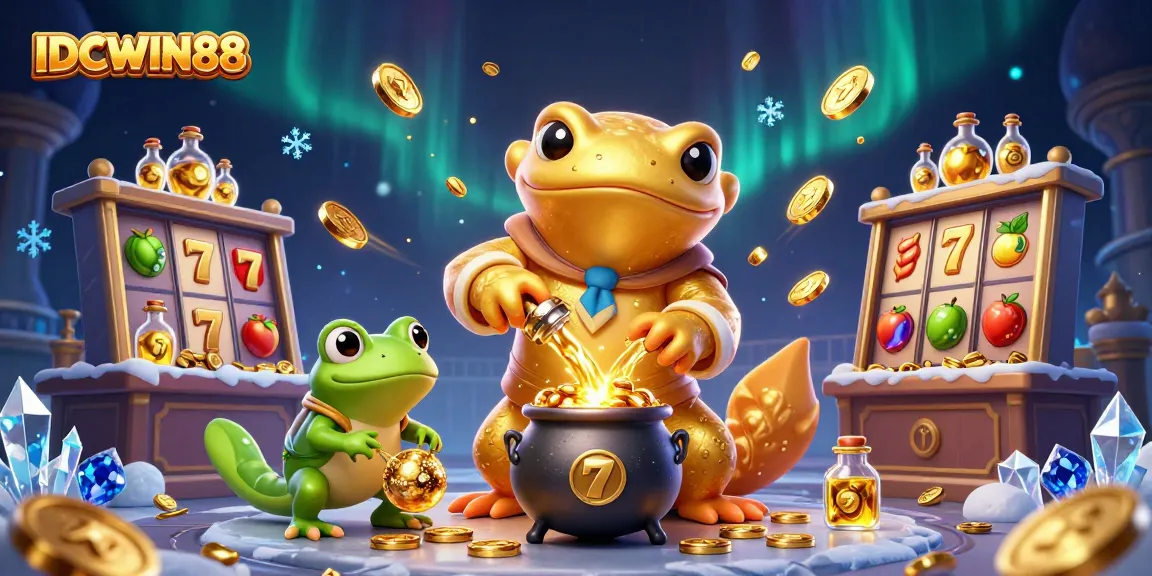 IDCWIN88 offers a vibrant scene with a golden salamander alchemist and animated slots, enhancing your gaming experience.