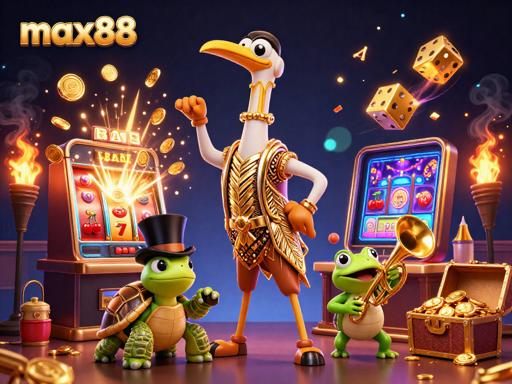 Experience the thrilling max88 gaming action with colorful slots and lively characters in a vibrant casino scene.