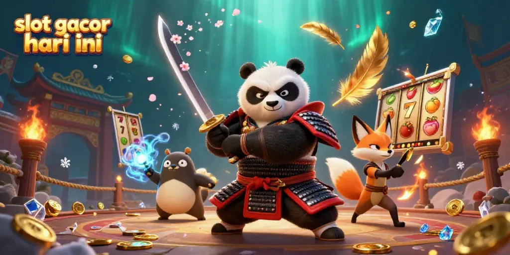 Engage with slot gacor hari ini showcasing a dynamic battle between samurai panda and fox in a vibrant casino scene.