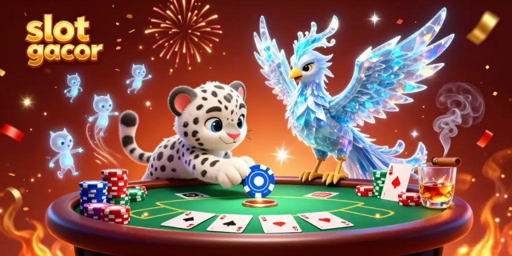 Engaging 3D scene of slot gacor characters with poker elements celebrating a fantastic win with colorful confetti.