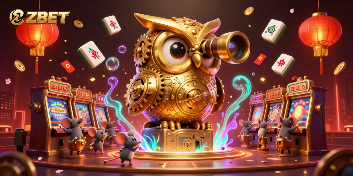 ZBET illuminates the gambling experience with a whimsical golden owl atop a vault amidst bustling casino activity.