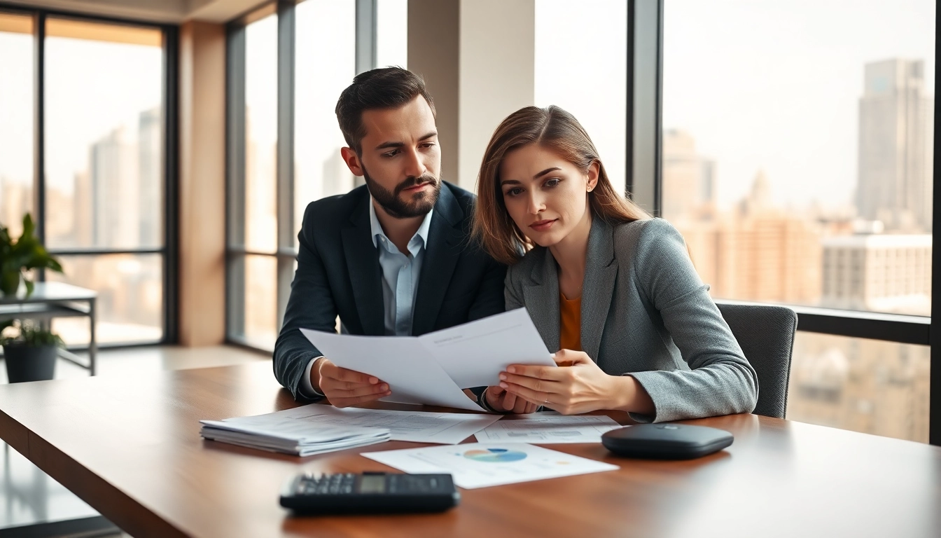 Analyze how is alimony calculated in NY? with a couple reviewing documents in a modern office setting.